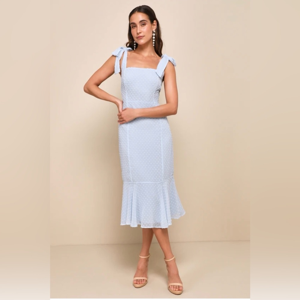 Lulu's Light Blue Swiss Dot Tie-Shoulder Midi Dress